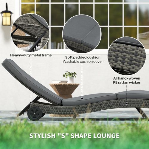 Outsunny Outdoor Rattan Sun Lounger with Reclining Back, Wheels, Dark Grey - SGP Garden Ltd