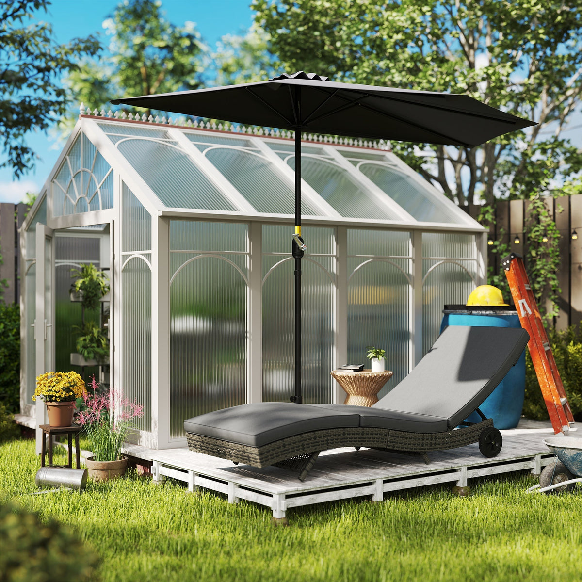 Outsunny Outdoor Rattan Sun Lounger with Reclining Back, Wheels, Dark Grey - SGP Garden Ltd