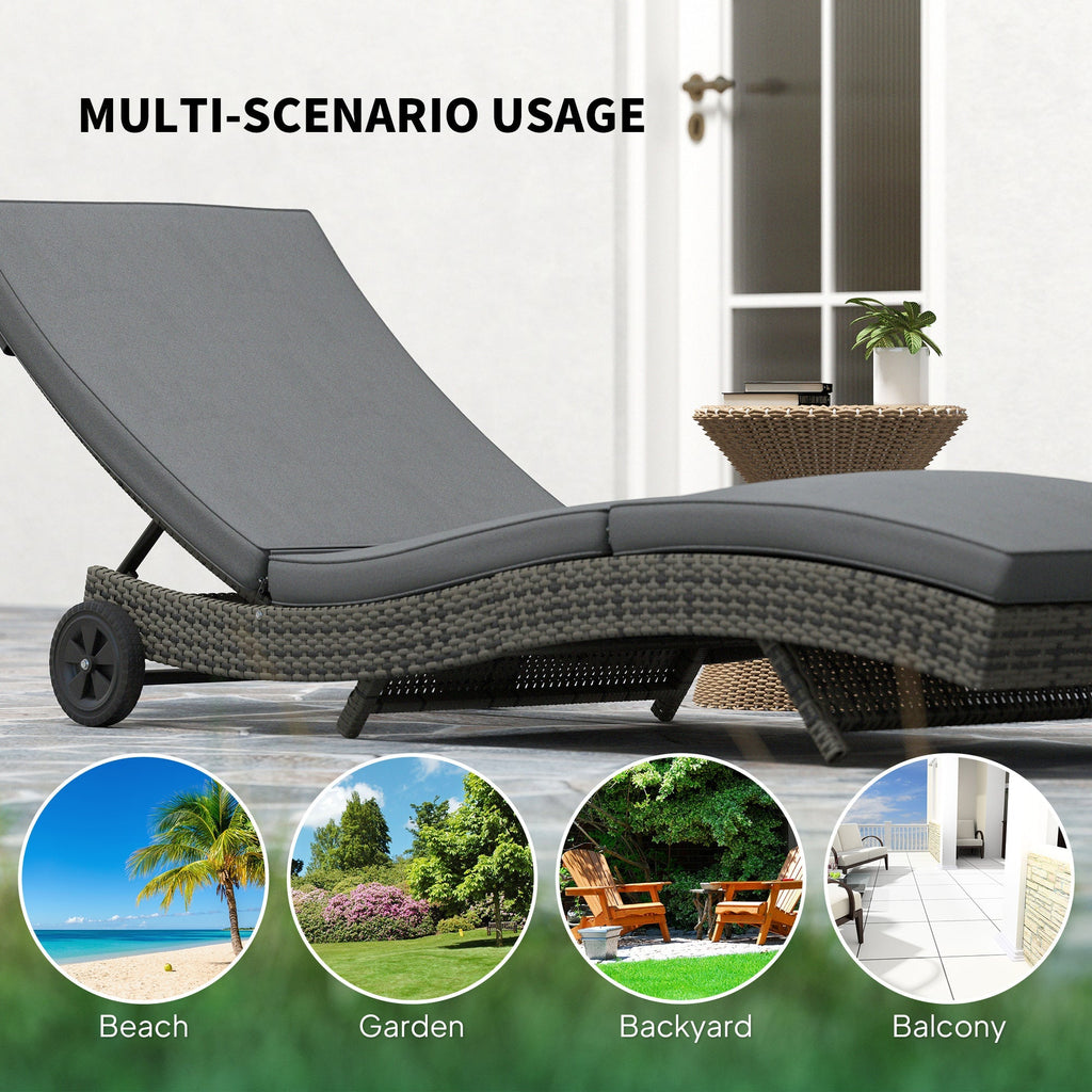 Outsunny Outdoor Rattan Sun Lounger with Reclining Back, Wheels, Dark Grey - SGP Garden Ltd