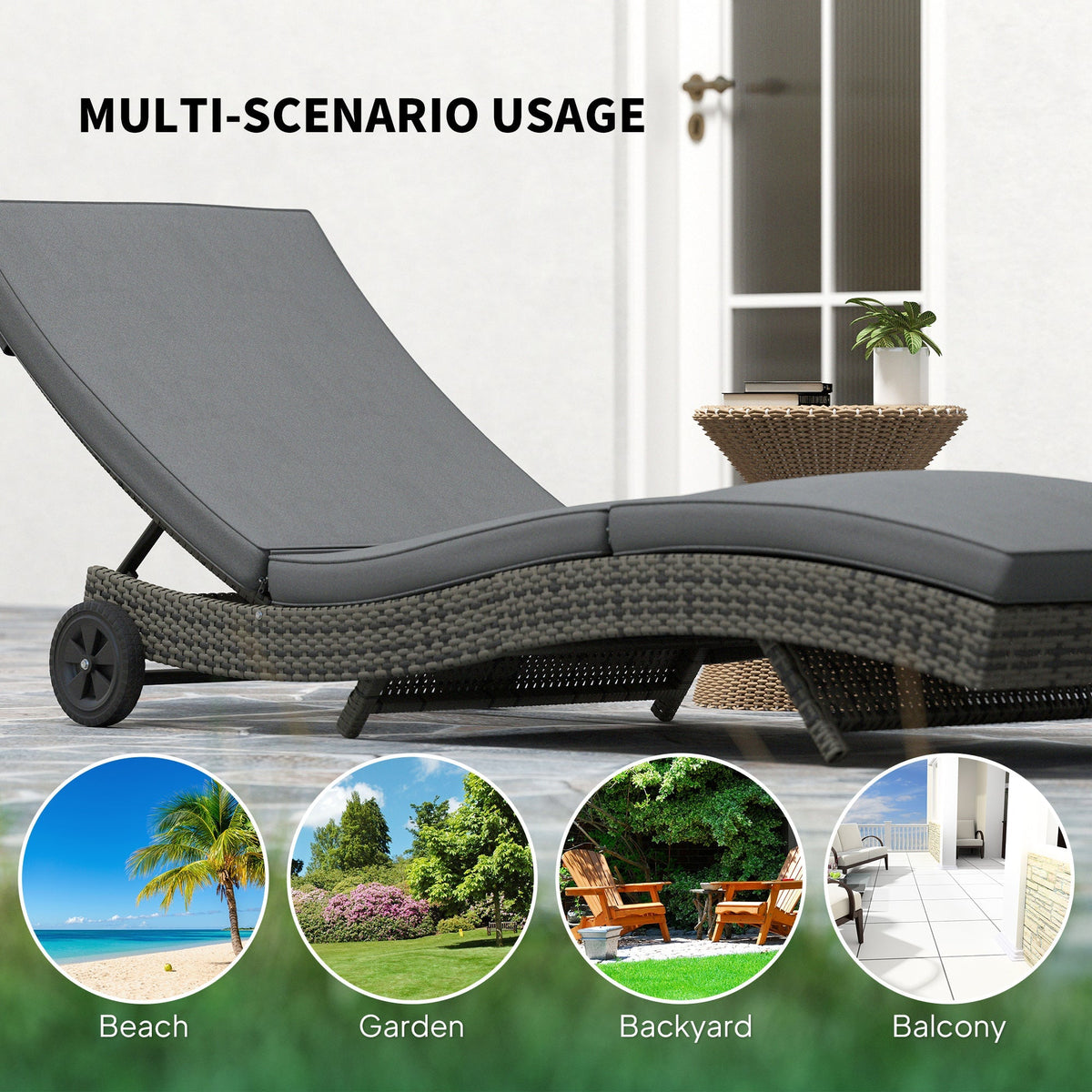 Outsunny Outdoor Rattan Sun Lounger with Reclining Back, Wheels, Dark Grey - SGP Garden Ltd
