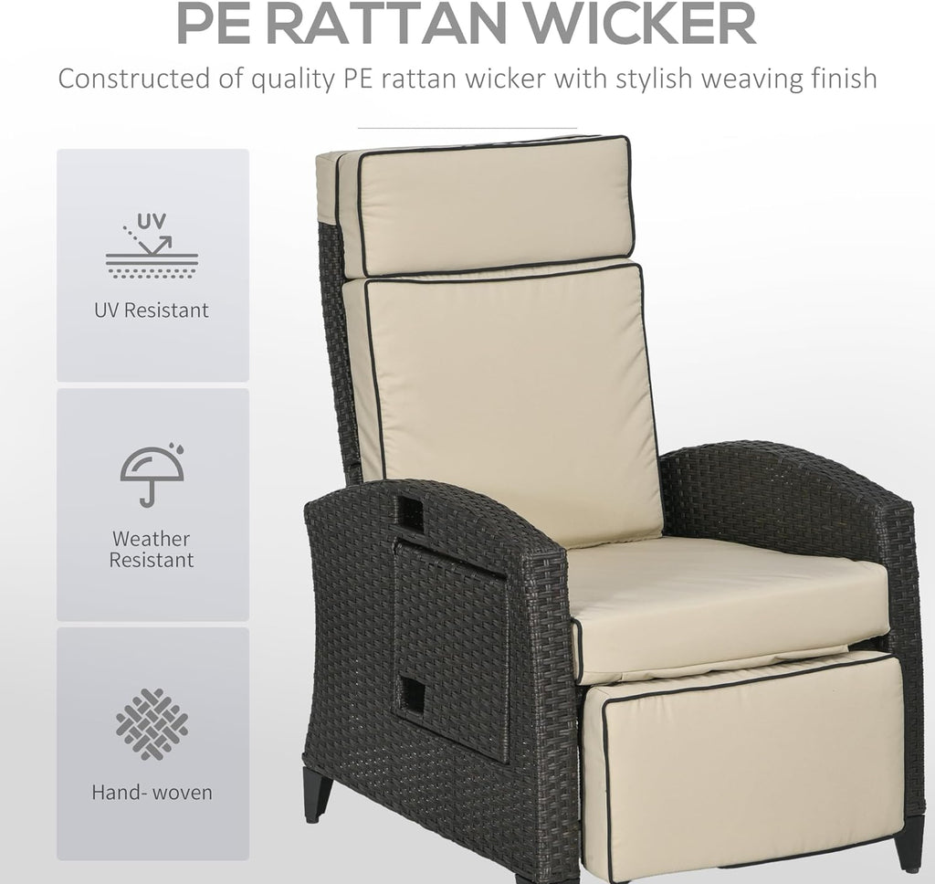 Outsunny Outdoor Recliner Chair with Cushion Rattan Reclining Lounge Chair - SGP Garden Ltd