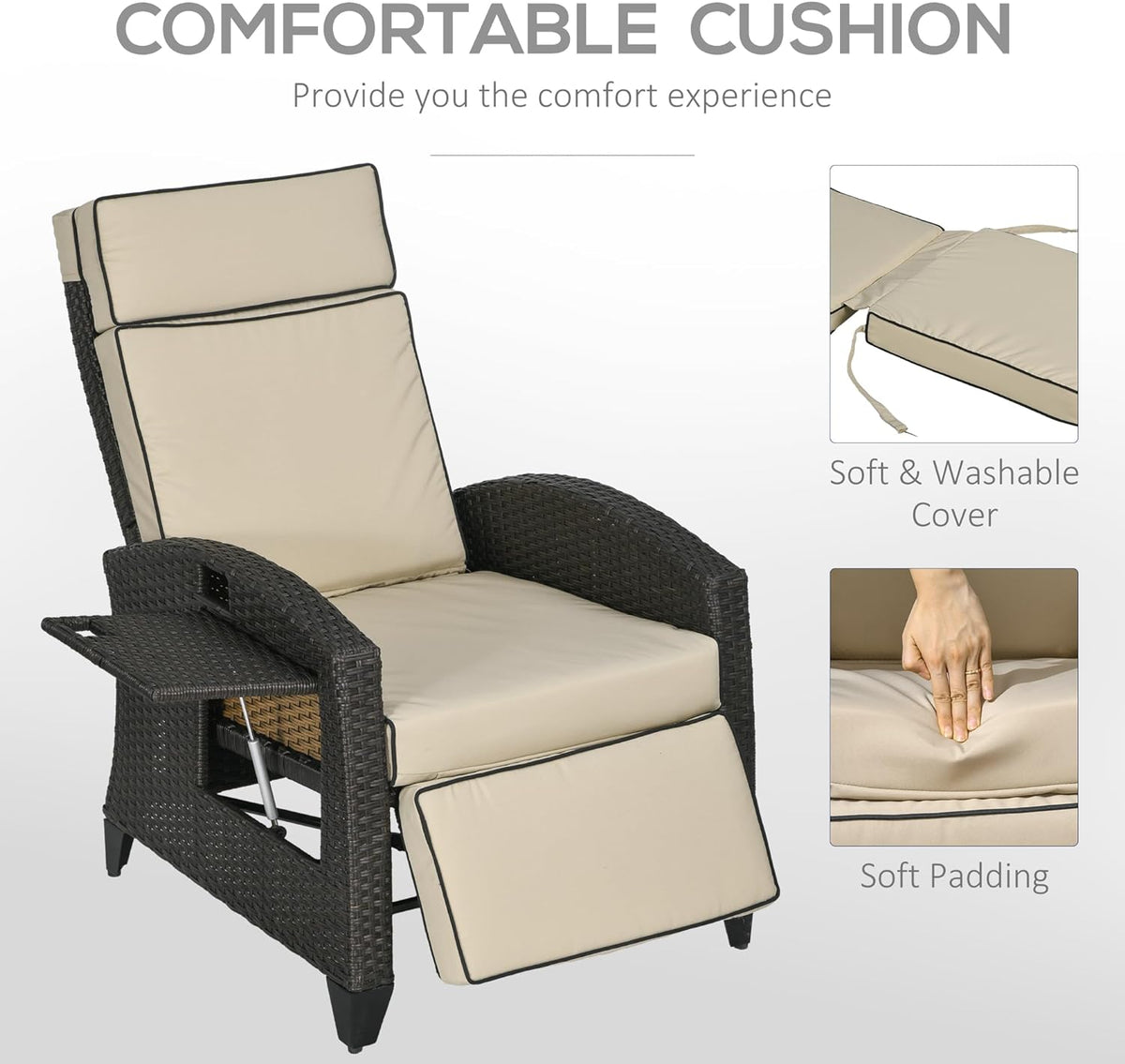 Outsunny Outdoor Recliner Chair with Cushion Rattan Reclining Lounge Chair - SGP Garden Ltd