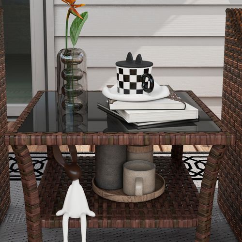 Outsunny PE Rattan Coffee Table, Two-tier Side Table with Glass Top, Brown - SGP Garden Ltd