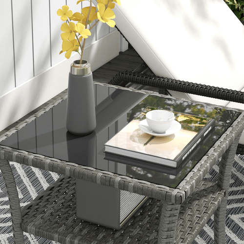 Outsunny PE Rattan Coffee Table, Two-tier Side Table with Glass Top, Grey - SGP Garden Ltd
