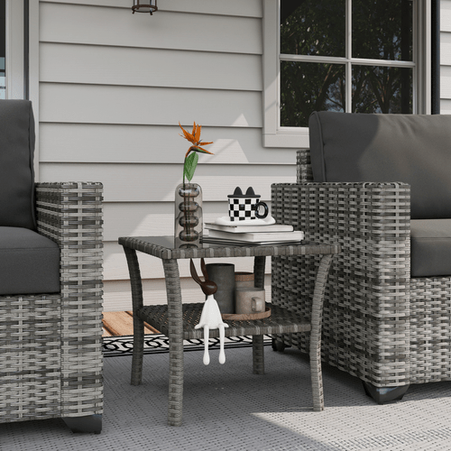 Outsunny PE Rattan Coffee Table, Two-tier Side Table with Glass Top, Grey - SGP Garden Ltd