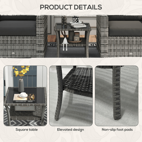 Outsunny PE Rattan Coffee Table, Two-tier Side Table with Glass Top, Grey - SGP Garden Ltd