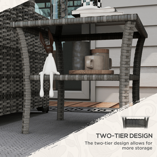 Outsunny PE Rattan Coffee Table, Two-tier Side Table with Glass Top, Grey - SGP Garden Ltd