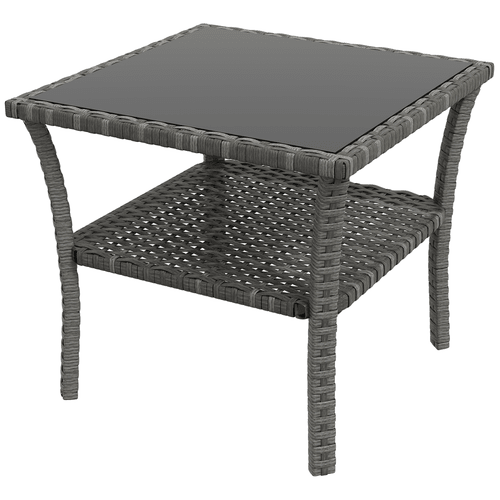 Outsunny PE Rattan Coffee Table, Two-tier Side Table with Glass Top, Grey - SGP Garden Ltd