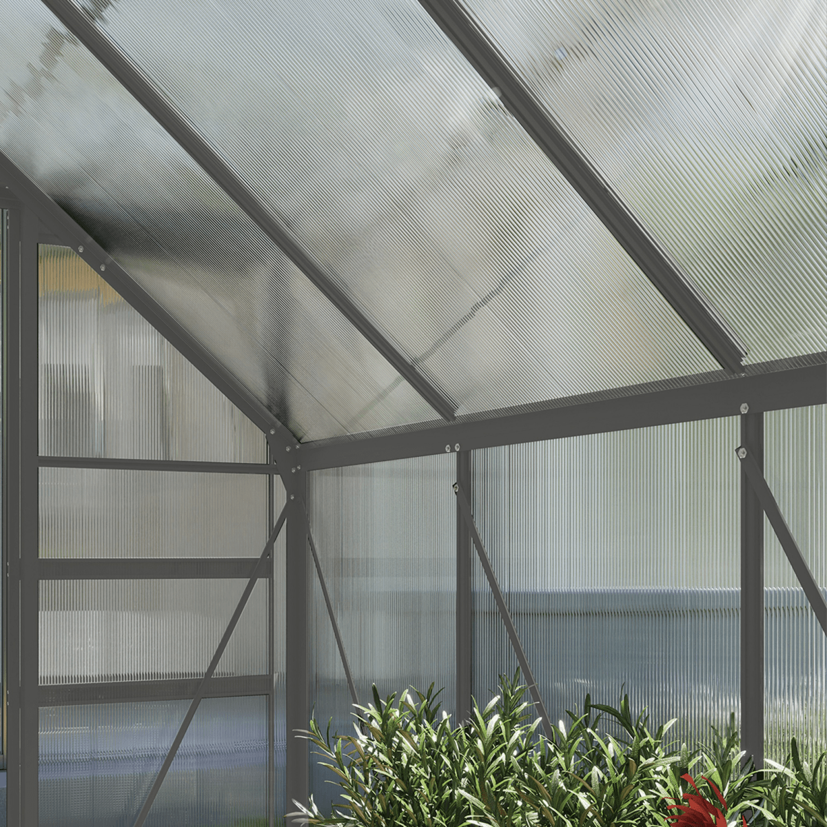 Outsunny Polycarbonate Walk-in Garden Greenhouse w/ Sliding Door Dark Grey - SGP Garden Ltd