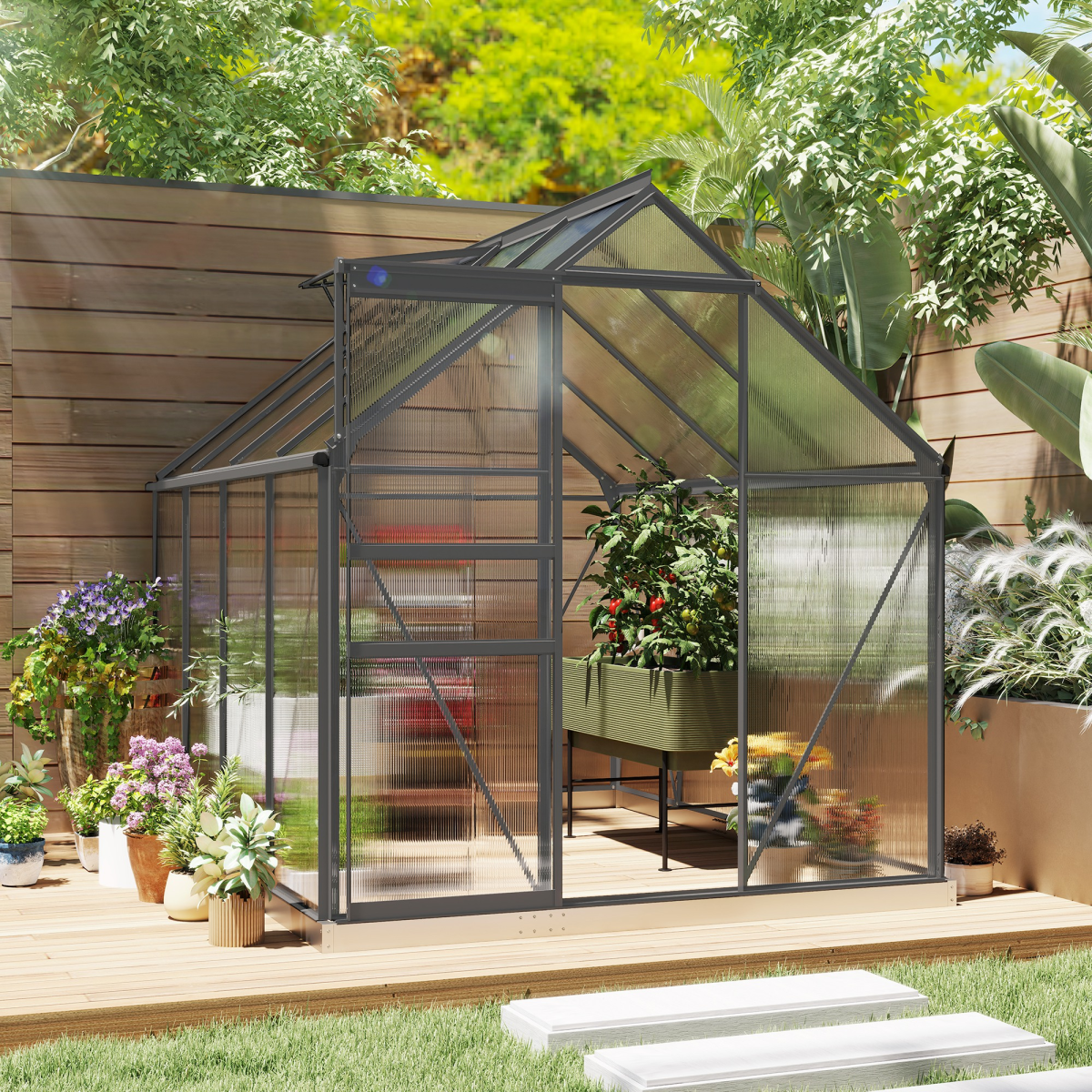 Outsunny Polycarbonate Walk-in Garden Greenhouse w/ Sliding Door Dark Grey - SGP Garden Ltd