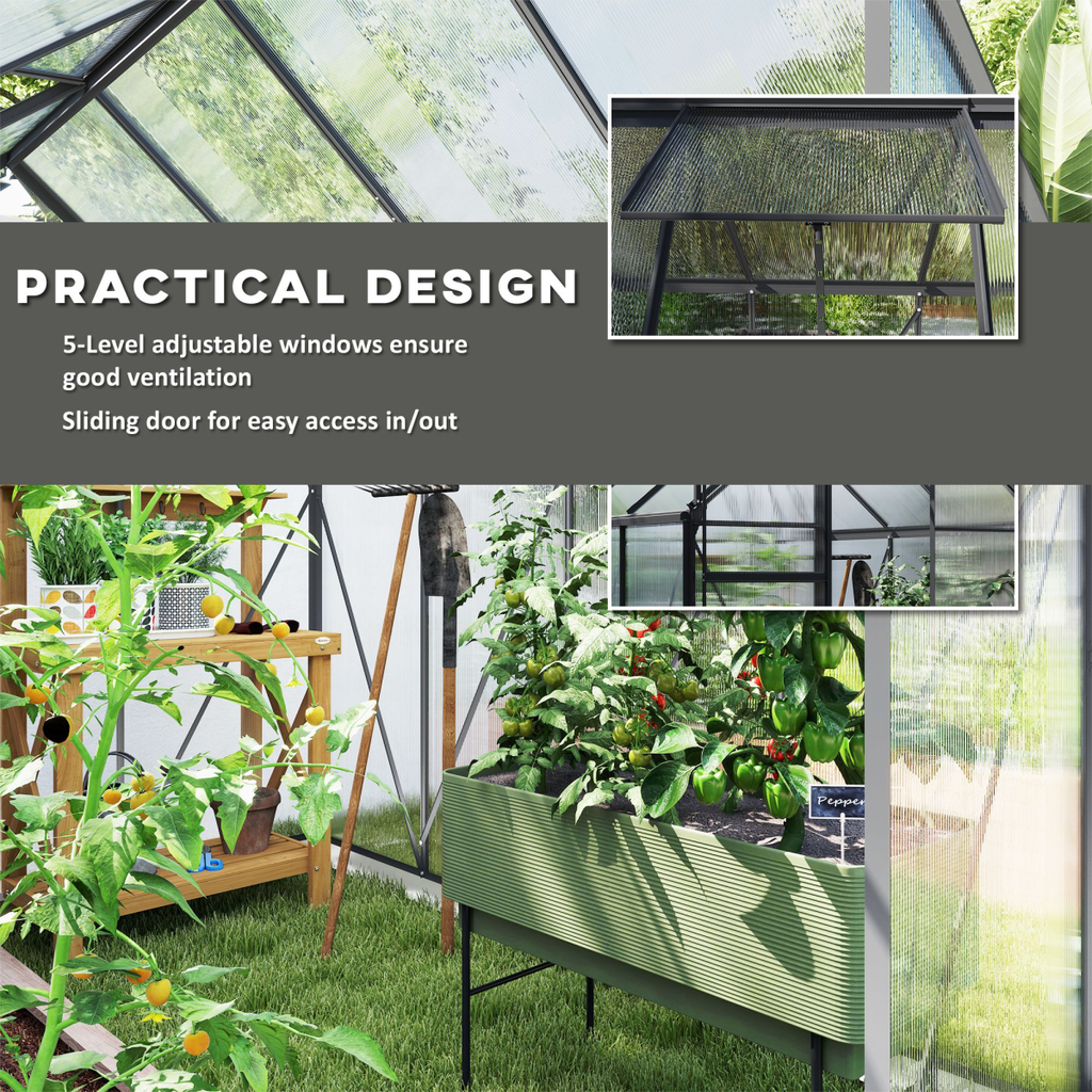 Outsunny Polycarbonate Walk-in Garden Greenhouse w/ Sliding Door Dark Grey - SGP Garden Ltd