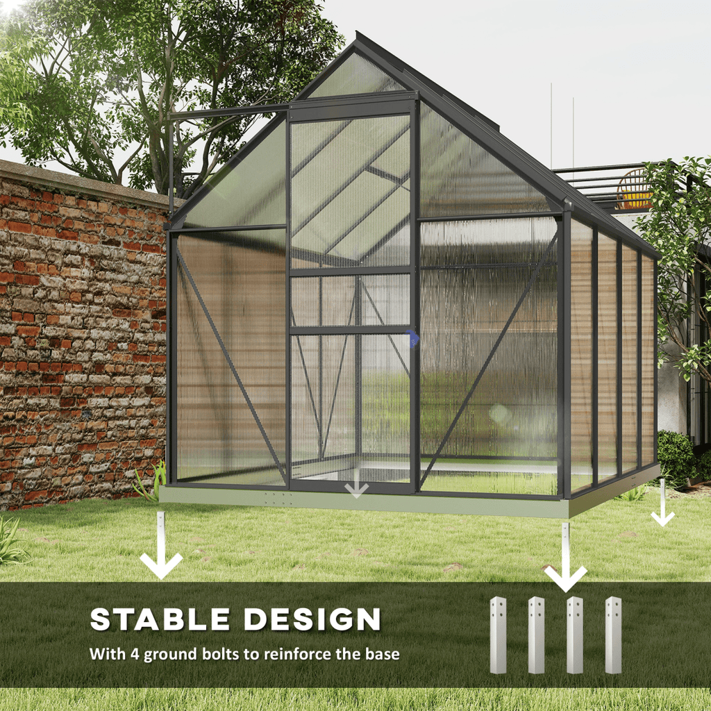 Outsunny Polycarbonate Walk-in Garden Greenhouse w/ Sliding Door Dark Grey - SGP Garden Ltd