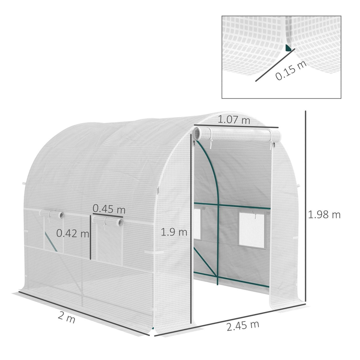 Outsunny Polytunnel Greenhouse Outdoor Grow House Roll Up Door Windows 2x2.5m - SGP Garden Ltd