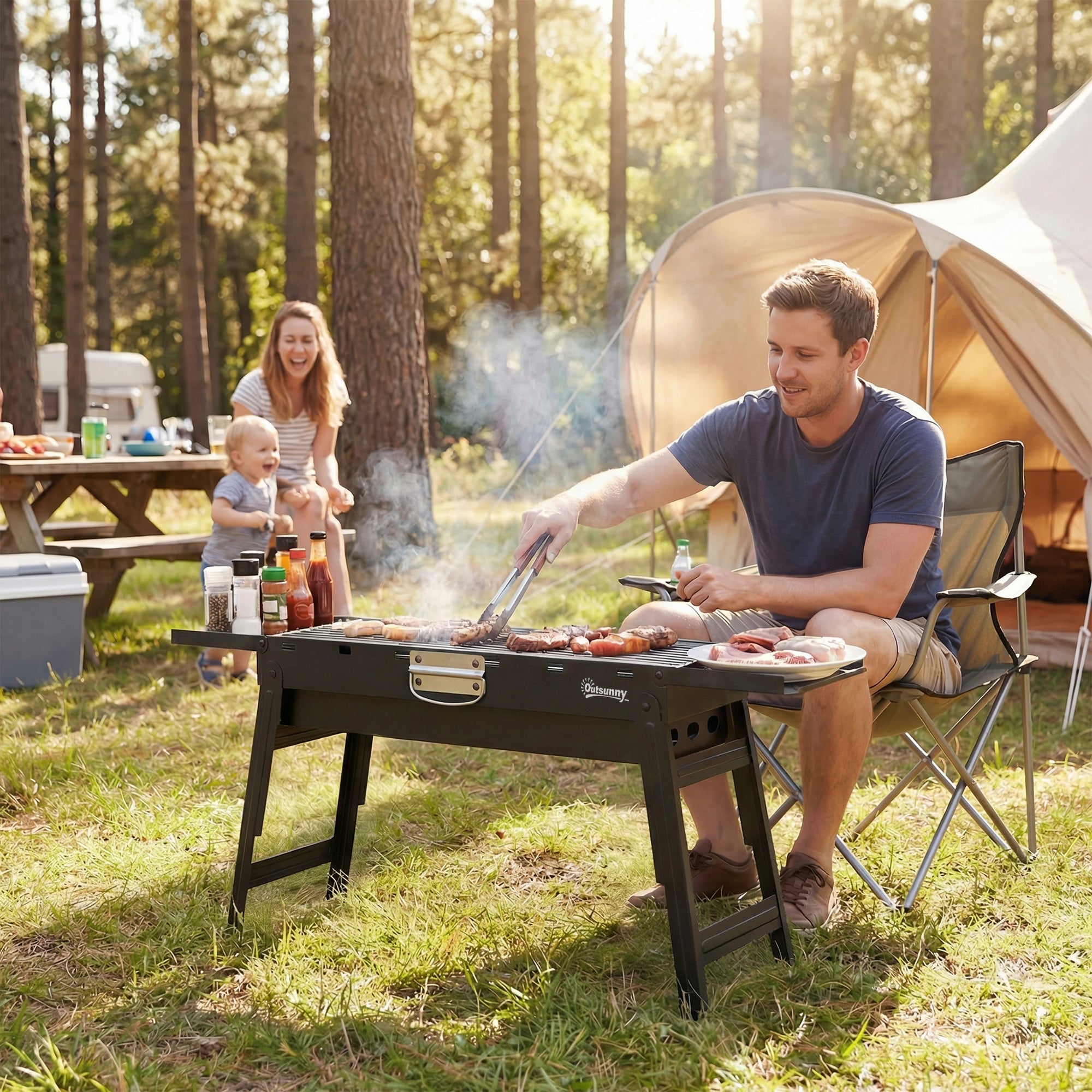 Outsunny Portable BBQ Grill, Foldable Charcoal Grill for Camping and Picnics with 2 Side Shelves and Handle, Black - SGP Garden Ltd