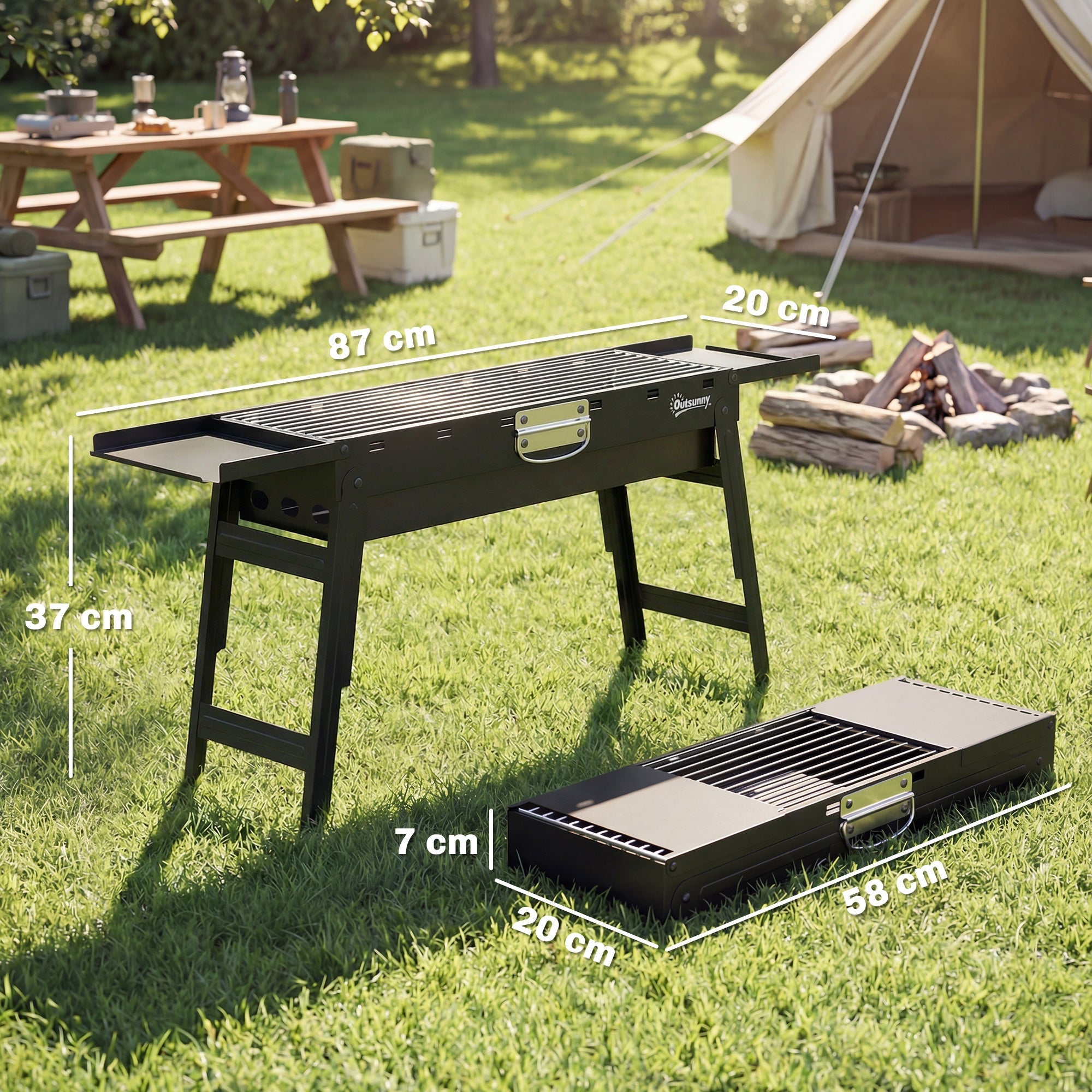Outsunny Portable BBQ Grill, Foldable Charcoal Grill for Camping and Picnics with 2 Side Shelves and Handle, Black - SGP Garden Ltd