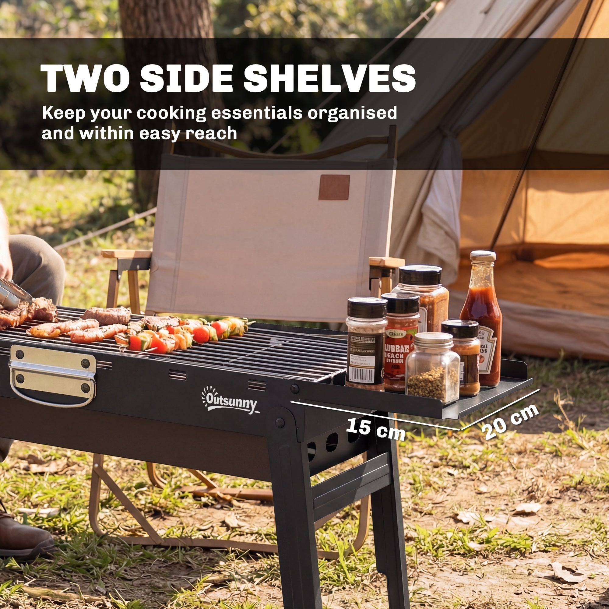 Outsunny Portable BBQ Grill, Foldable Charcoal Grill for Camping and Picnics with 2 Side Shelves and Handle, Black - SGP Garden Ltd