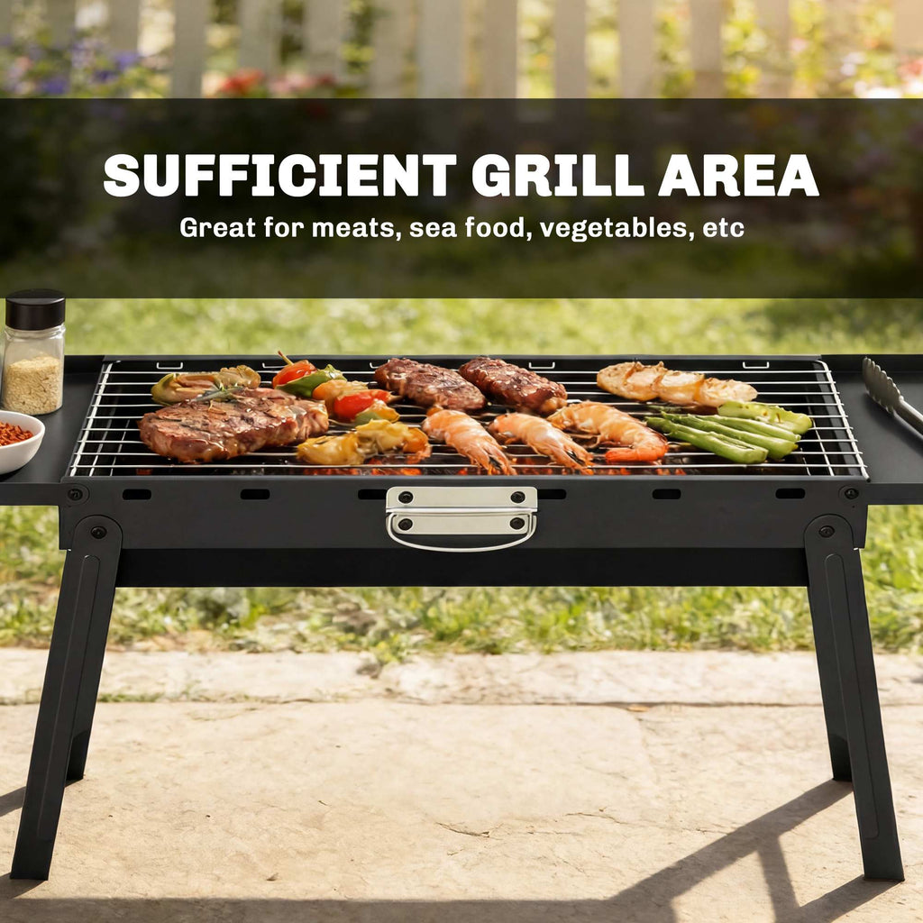 Outsunny Portable BBQ Grill, Foldable Charcoal Grill for Camping and Picnics with 2 Side Shelves and Handle, Black - SGP Garden Ltd