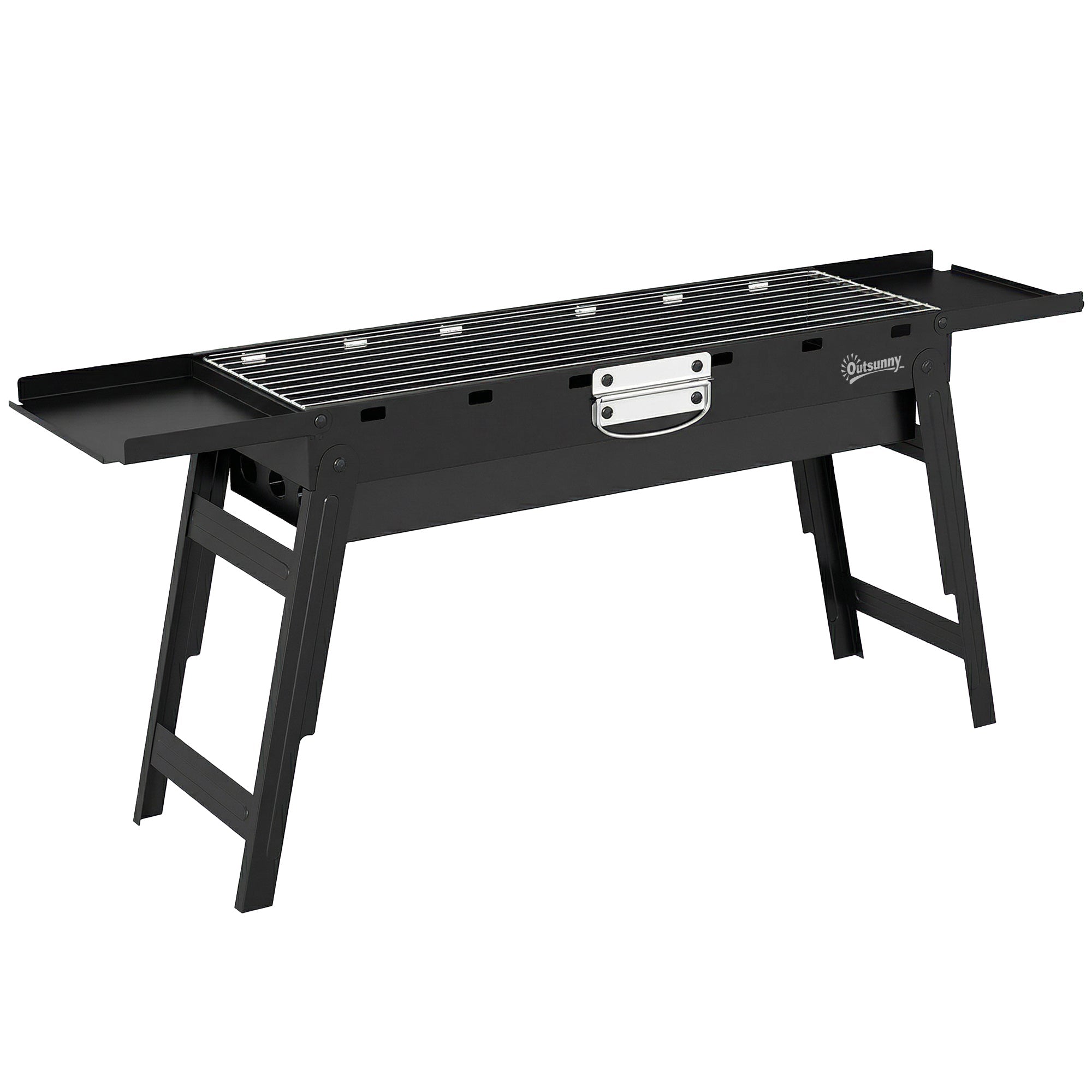 Outsunny Portable BBQ Grill, Foldable Charcoal Grill for Camping and Picnics with 2 Side Shelves and Handle, Black - SGP Garden Ltd