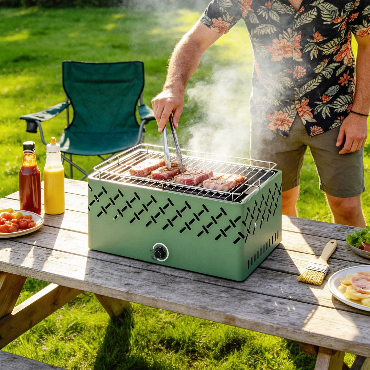 Outsunny Portable Charcoal BBQ Grill, Battery Powered Barbecue Grill with Built-in Fan for Camping Picnic, Light Green - SGP Garden Ltd