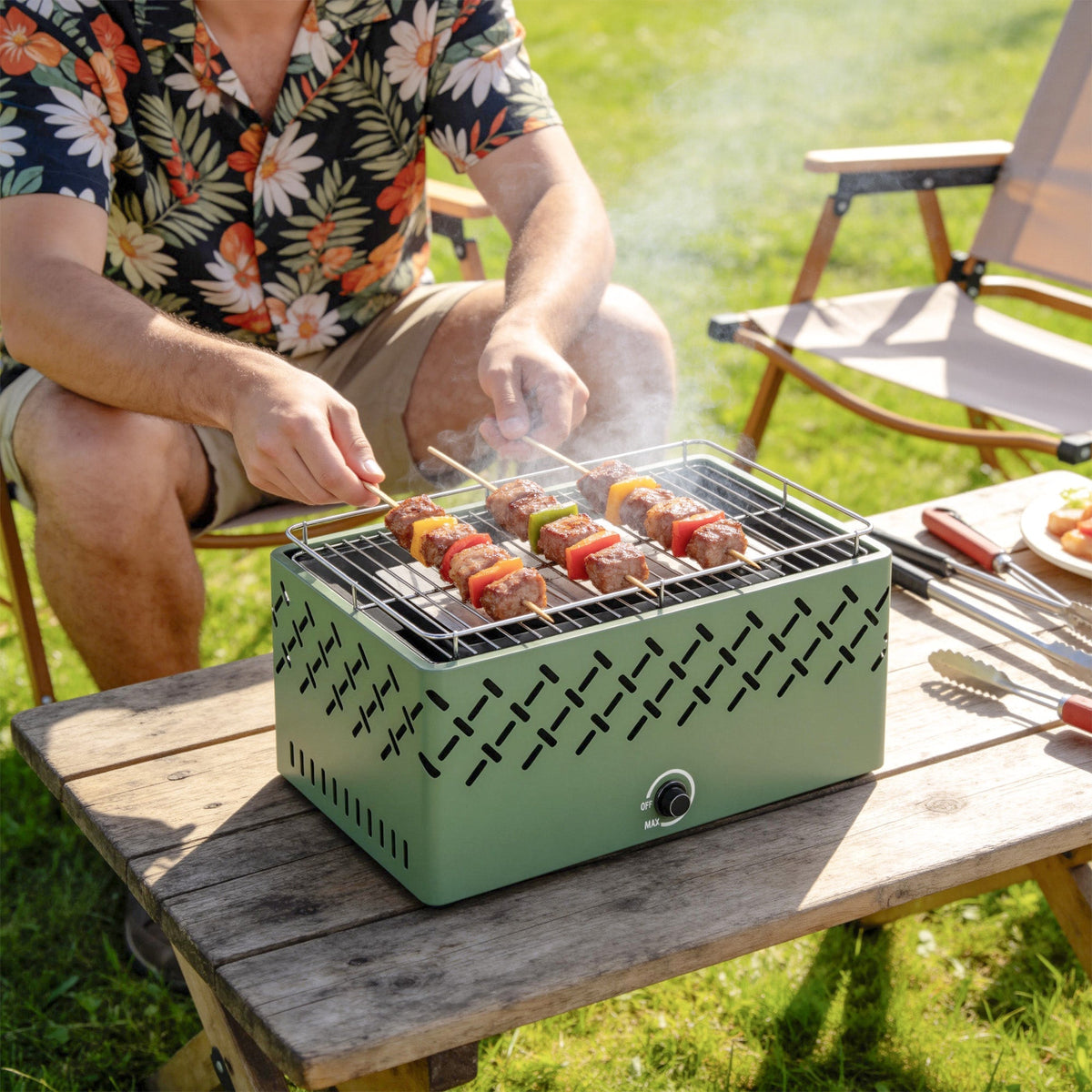 Outsunny Portable Charcoal BBQ Grill, Battery Powered Barbecue Grill with Built-in Fan for Camping Picnic, Light Green - SGP Garden Ltd
