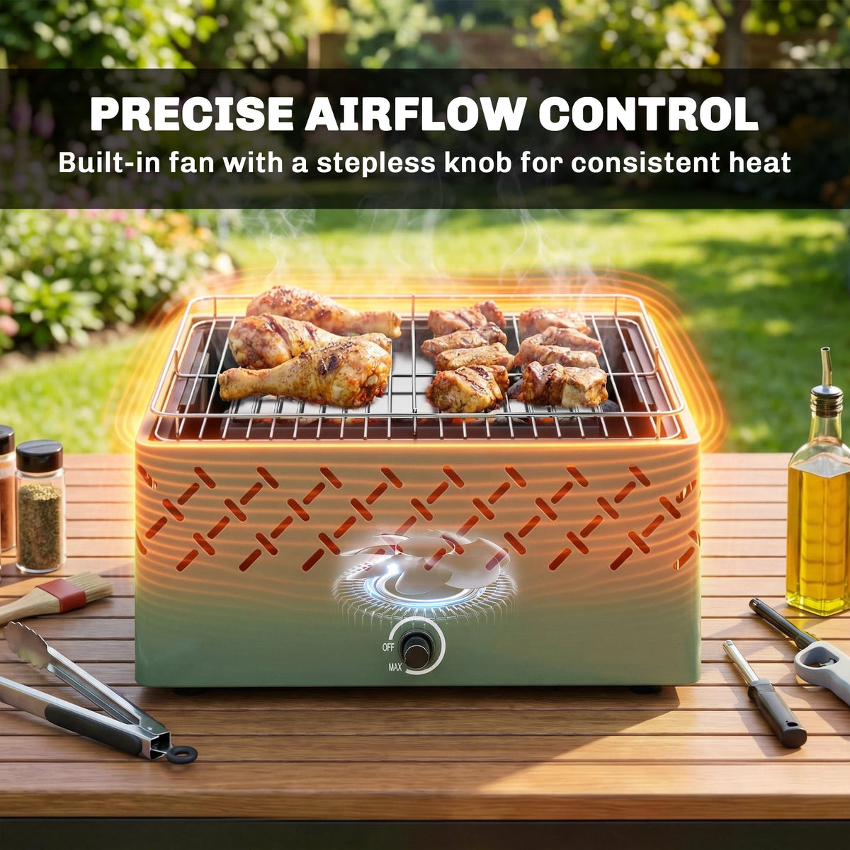 Outsunny Portable Charcoal BBQ Grill, Battery Powered Barbecue Grill with Built-in Fan for Camping Picnic, Light Green - SGP Garden Ltd