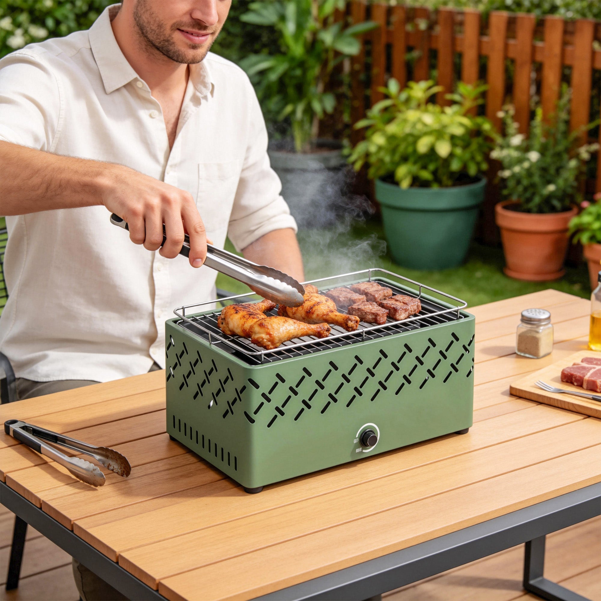 Outsunny Portable Charcoal BBQ Grill, Battery Powered Barbecue Grill with Built-in Fan for Camping Picnic, Light Green - SGP Garden Ltd