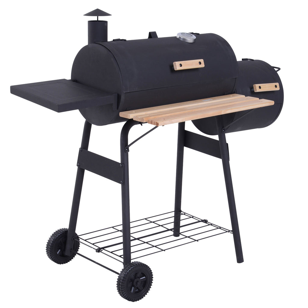Outsunny Portable Charcoal BBQ Grill, Cold-rolled Steel, Solid Wood, 104H x 124L x53W cm-Black - SGP Garden Ltd