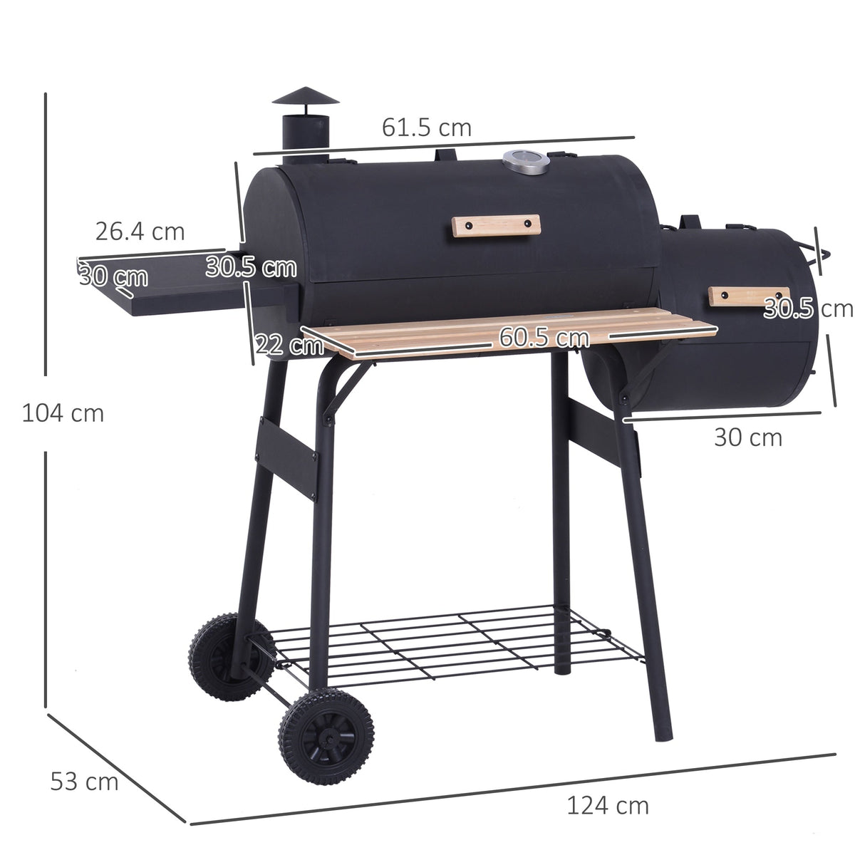 Outsunny Portable Charcoal BBQ Grill, Cold-rolled Steel, Solid Wood, 104H x 124L x53W cm-Black - SGP Garden Ltd