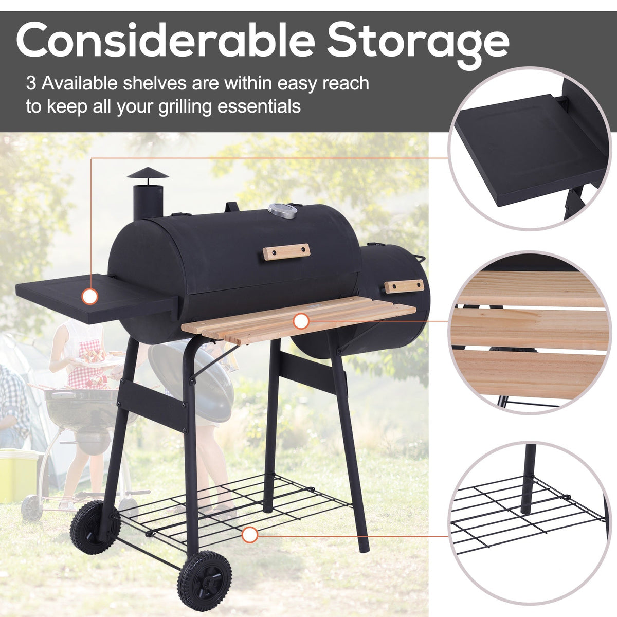 Outsunny Portable Charcoal BBQ Grill, Cold-rolled Steel, Solid Wood, 104H x 124L x53W cm-Black - SGP Garden Ltd