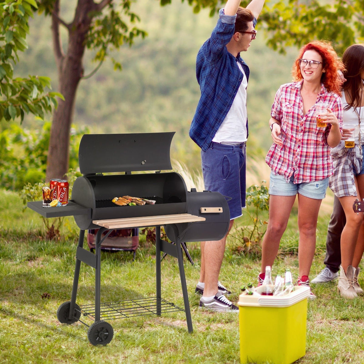 Outsunny Portable Charcoal BBQ Grill, Cold-rolled Steel, Solid Wood, 104H x 124L x53W cm-Black - SGP Garden Ltd