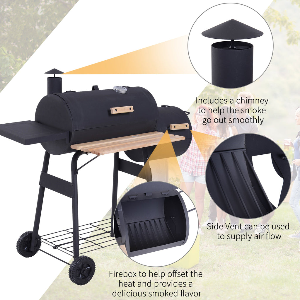 Outsunny Portable Charcoal BBQ Grill, Cold-rolled Steel, Solid Wood, 104H x 124L x53W cm-Black - SGP Garden Ltd