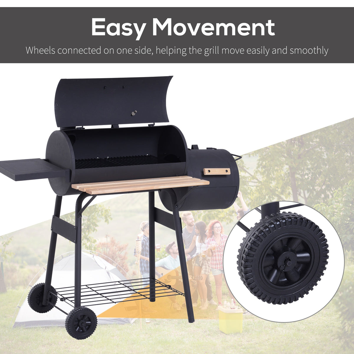 Outsunny Portable Charcoal BBQ Grill, Cold-rolled Steel, Solid Wood, 104H x 124L x53W cm-Black - SGP Garden Ltd