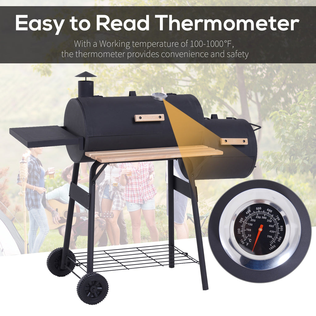 Outsunny Portable Charcoal BBQ Grill, Cold-rolled Steel, Solid Wood, 104H x 124L x53W cm-Black - SGP Garden Ltd