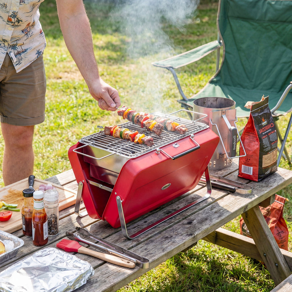 Outsunny Portable Mini Charcoal Barbecue Grill with Suitcase Shell, Outdoor Folding Tabletop BBQ Grill, Red - SGP Garden Ltd