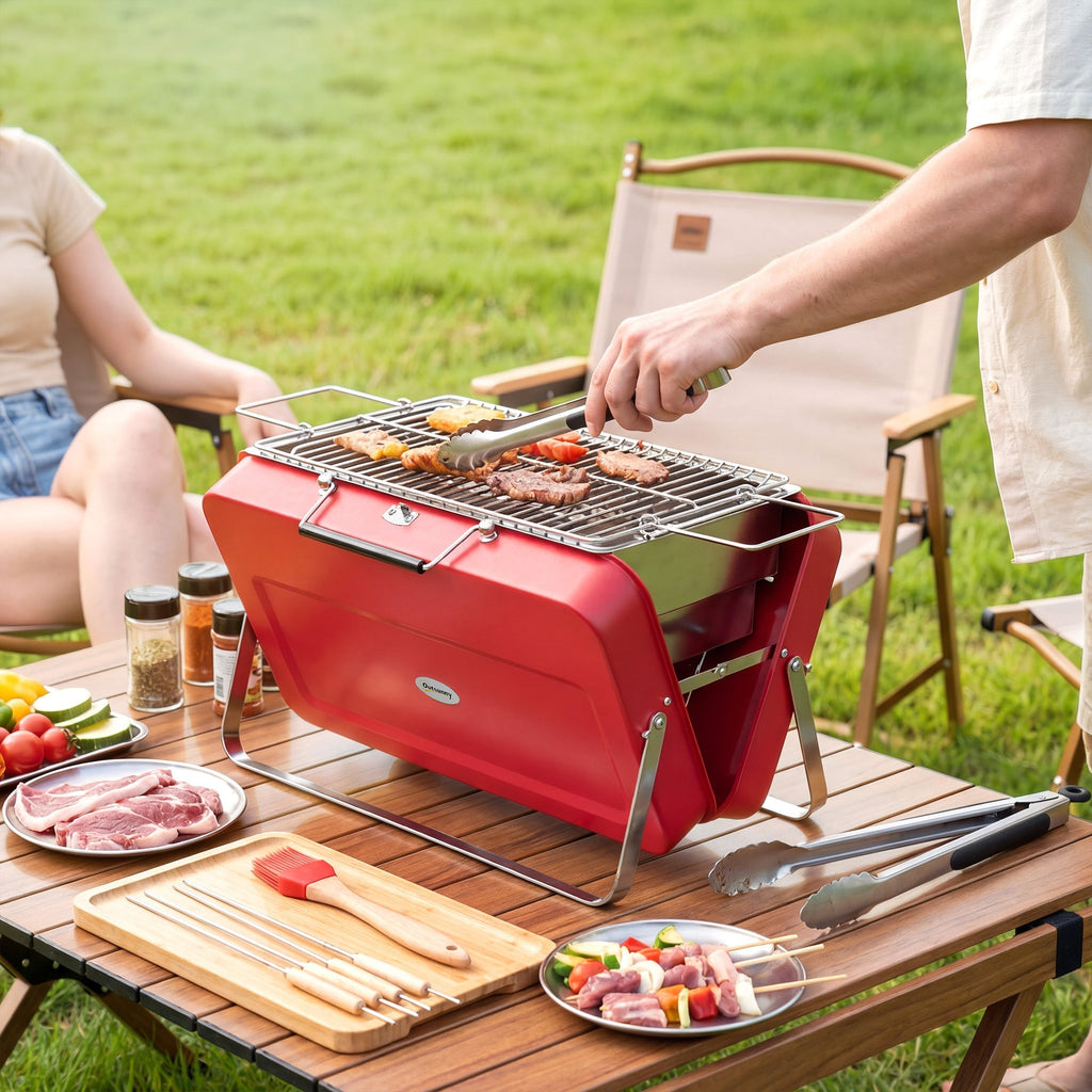 Outsunny Portable Mini Charcoal Barbecue Grill with Suitcase Shell, Outdoor Folding Tabletop BBQ Grill, Red - SGP Garden Ltd