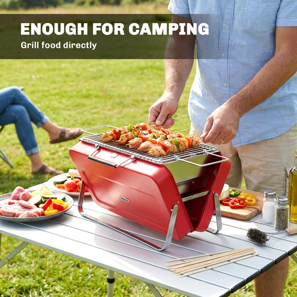 Outsunny Portable Mini Charcoal Barbecue Grill with Suitcase Shell, Outdoor Folding Tabletop BBQ Grill, Red - SGP Garden Ltd