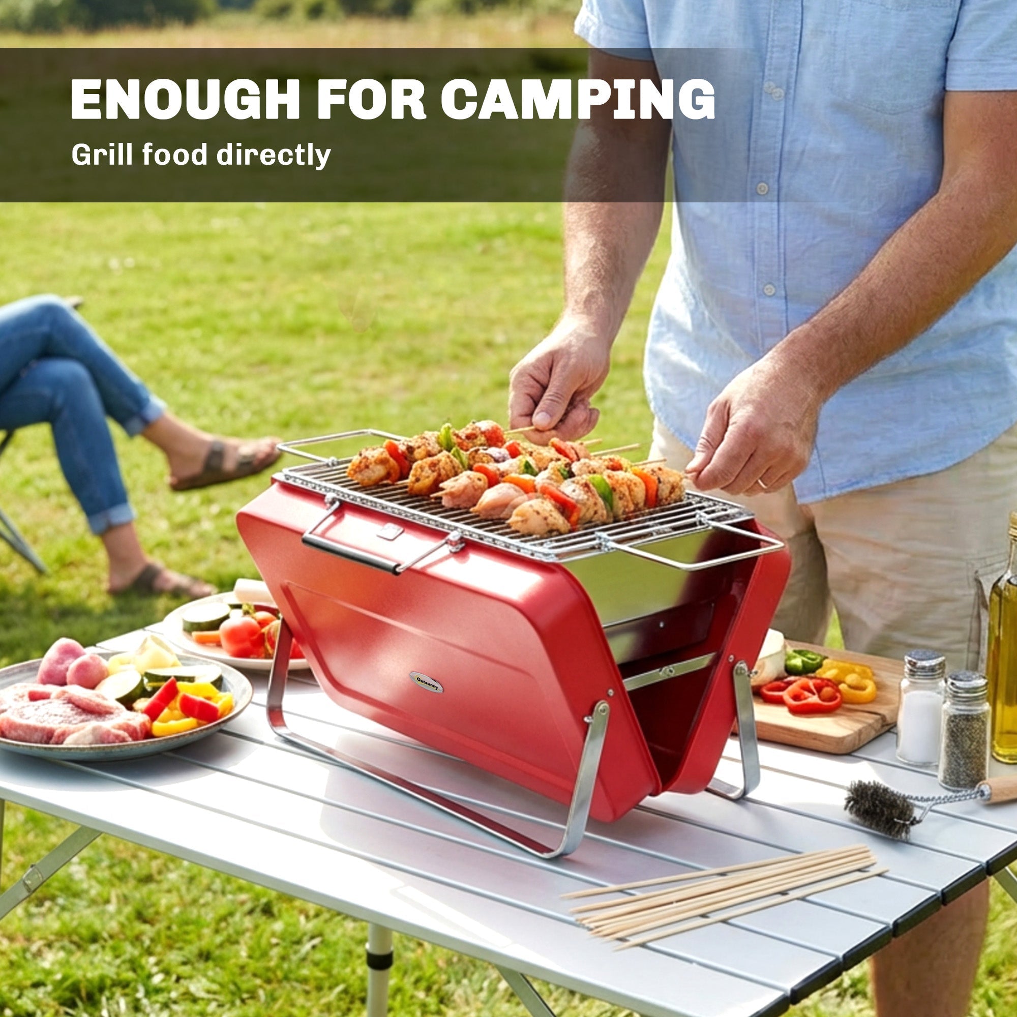 Outsunny Portable Mini Charcoal Barbecue Grill with Suitcase Shell, Outdoor Folding Tabletop BBQ Grill, Red - SGP Garden Ltd