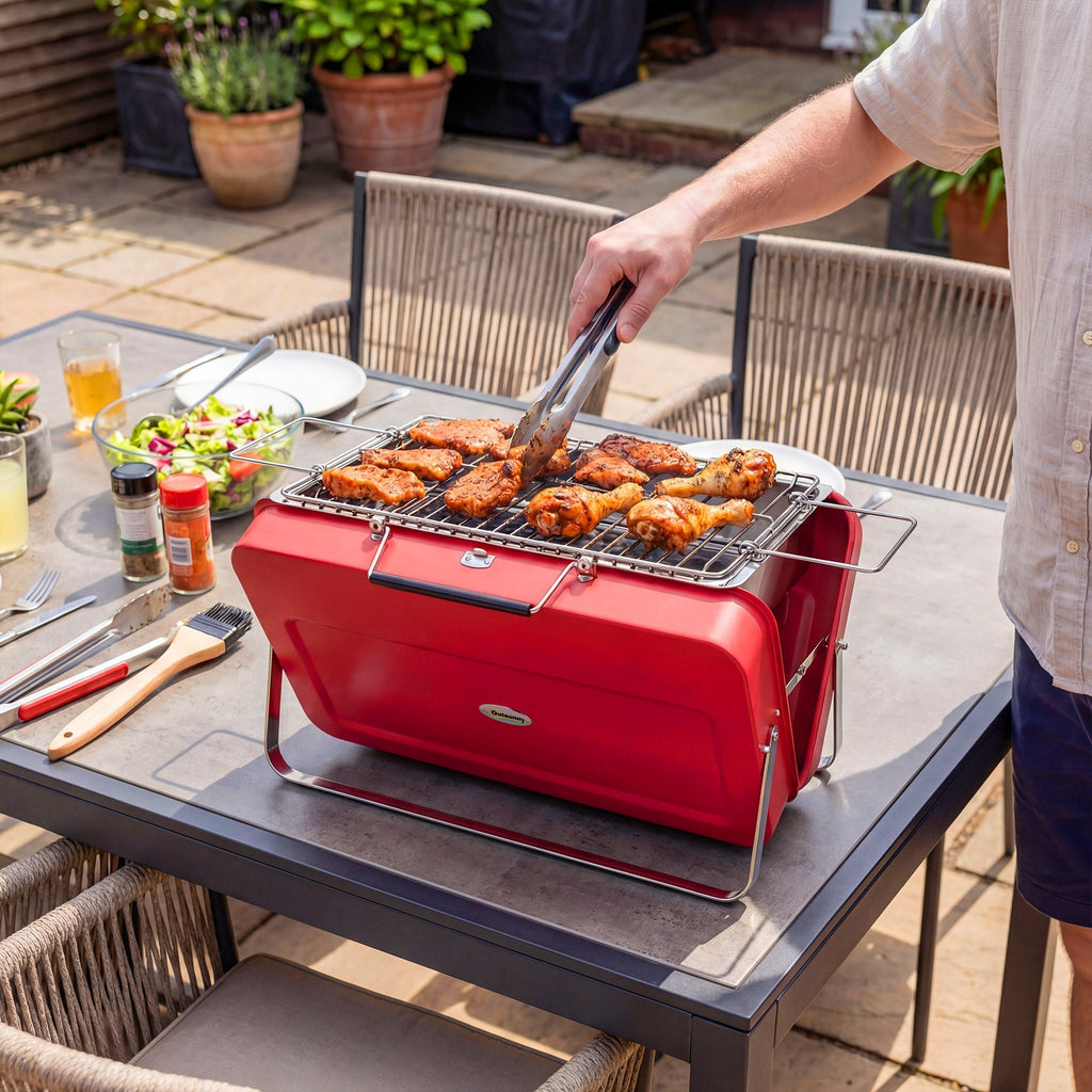 Outsunny Portable Mini Charcoal Barbecue Grill with Suitcase Shell, Outdoor Folding Tabletop BBQ Grill, Red - SGP Garden Ltd