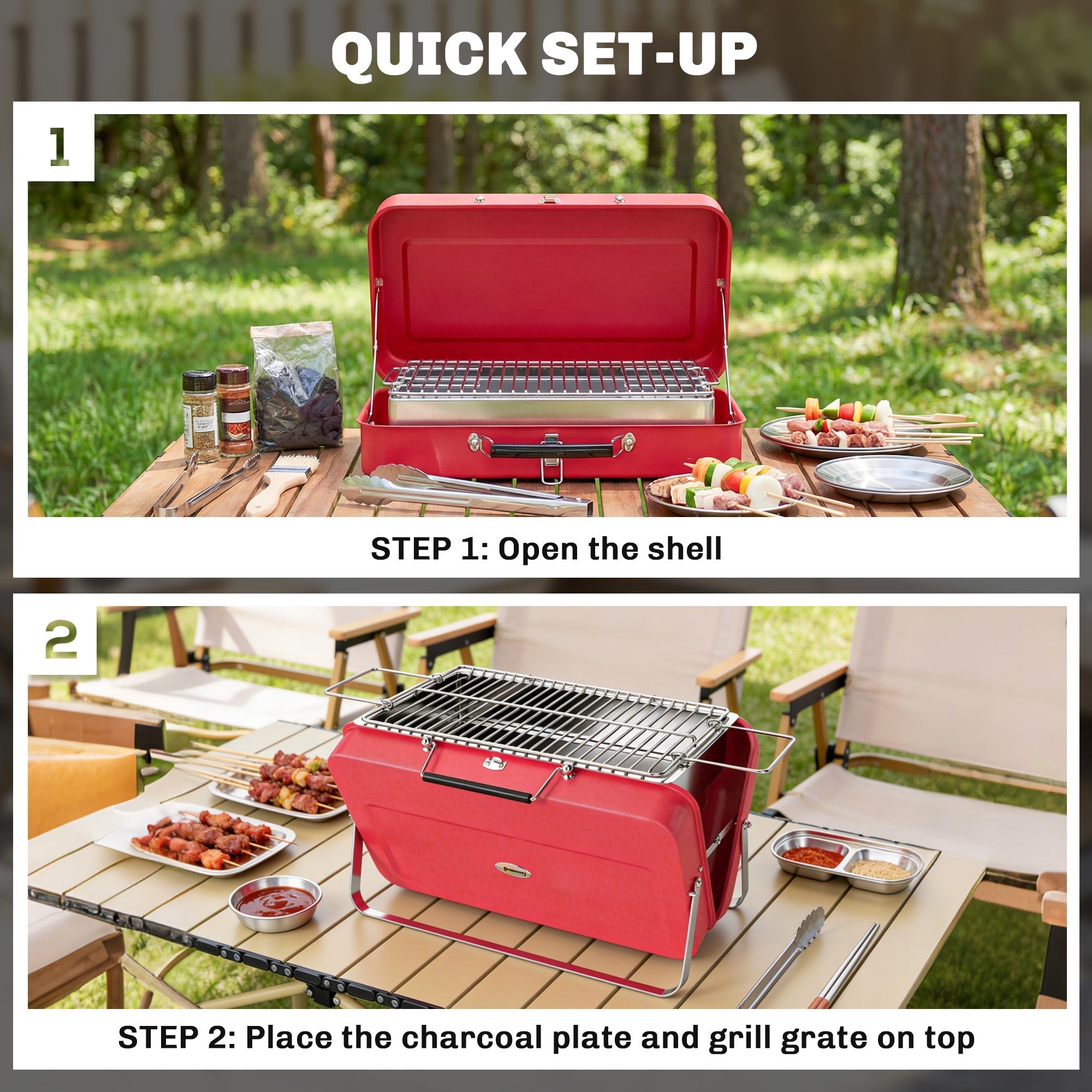 Outsunny Portable Mini Charcoal Barbecue Grill with Suitcase Shell, Outdoor Folding Tabletop BBQ Grill, Red - SGP Garden Ltd