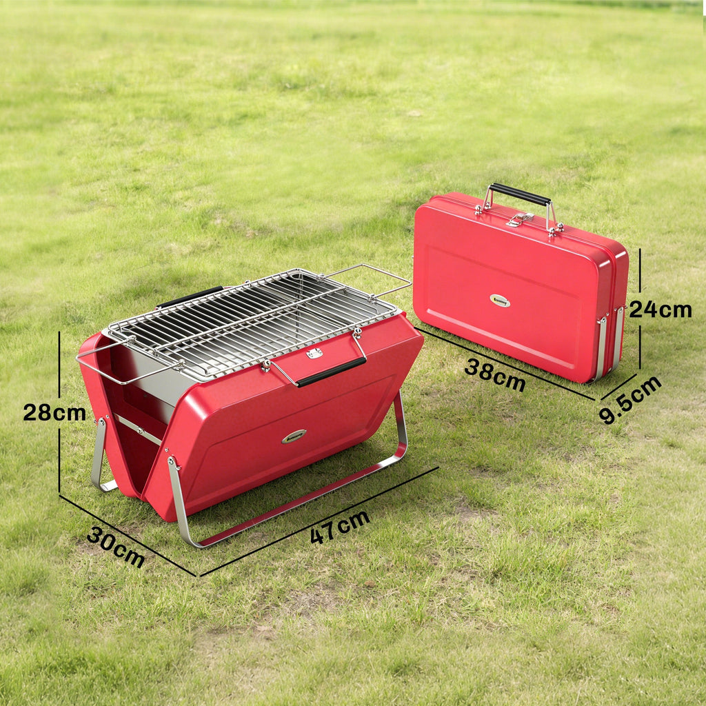 Outsunny Portable Mini Charcoal Barbecue Grill with Suitcase Shell, Outdoor Folding Tabletop BBQ Grill, Red - SGP Garden Ltd