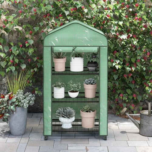 Outsunny Portable Mini Greenhouse with Roll-up Door and Wheels, Green - SGP Garden Ltd