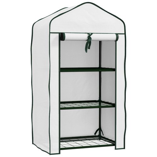 Outsunny Portable Mini Greenhouse with Roll-up Door and Wire Shelves, White - SGP Garden Ltd