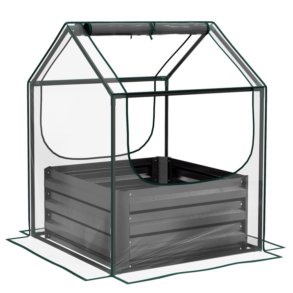 Outsunny Raised Garden Bed Planter Box with Greenhouse, Clear and Dark Grey - SGP Garden Ltd