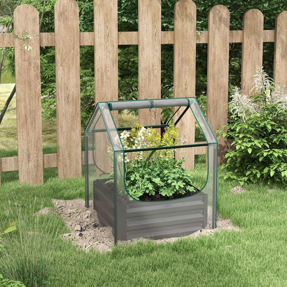 Outsunny Raised Garden Bed Planter Box with Greenhouse, Clear and Dark Grey - SGP Garden Ltd