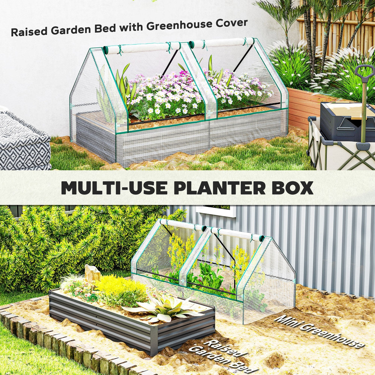 Outsunny Raised Garden Bed Planter Box with Greenhouse, White and Dark Grey - SGP Garden Ltd