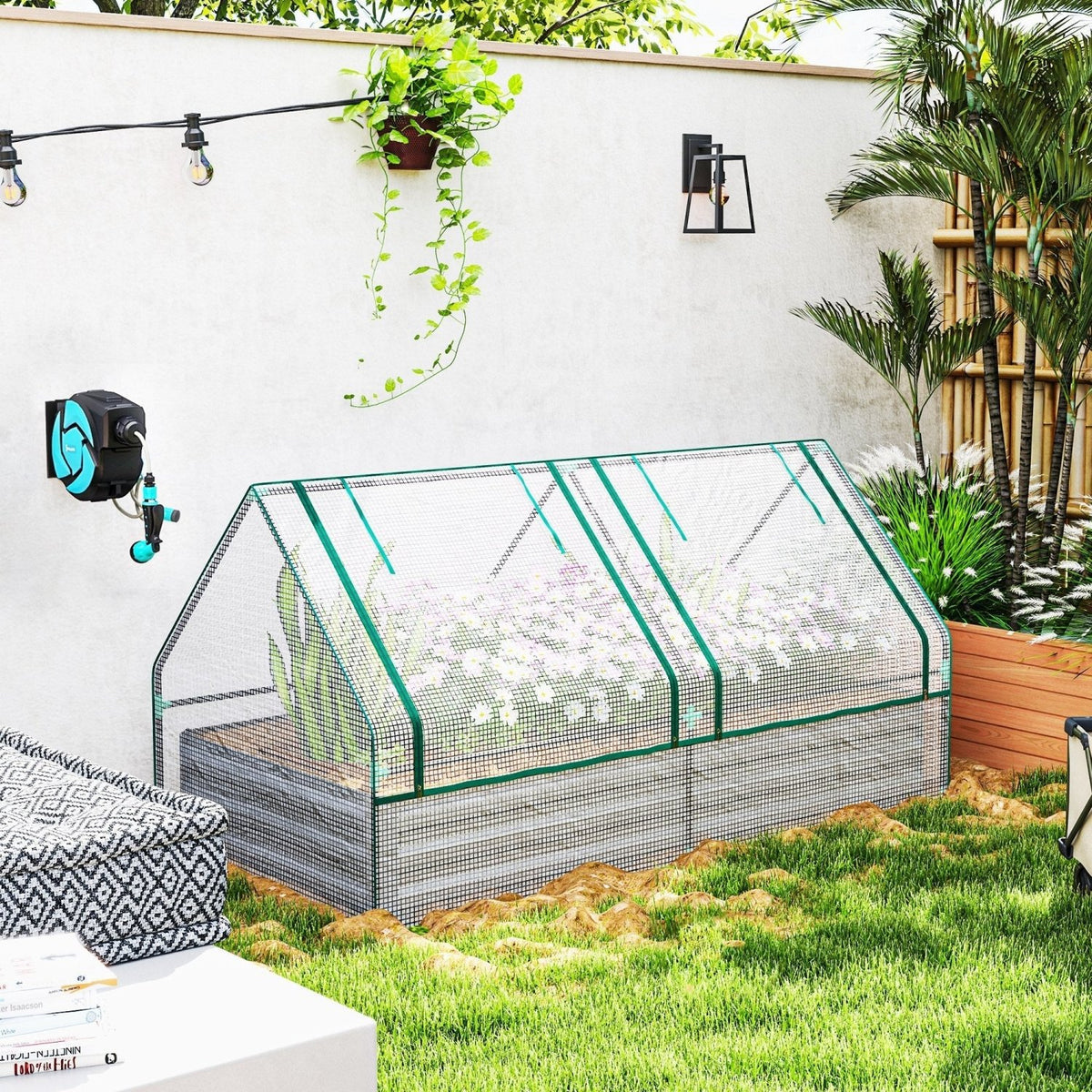 Outsunny Raised Garden Bed Planter Box with Greenhouse, White and Dark Grey - SGP Garden Ltd
