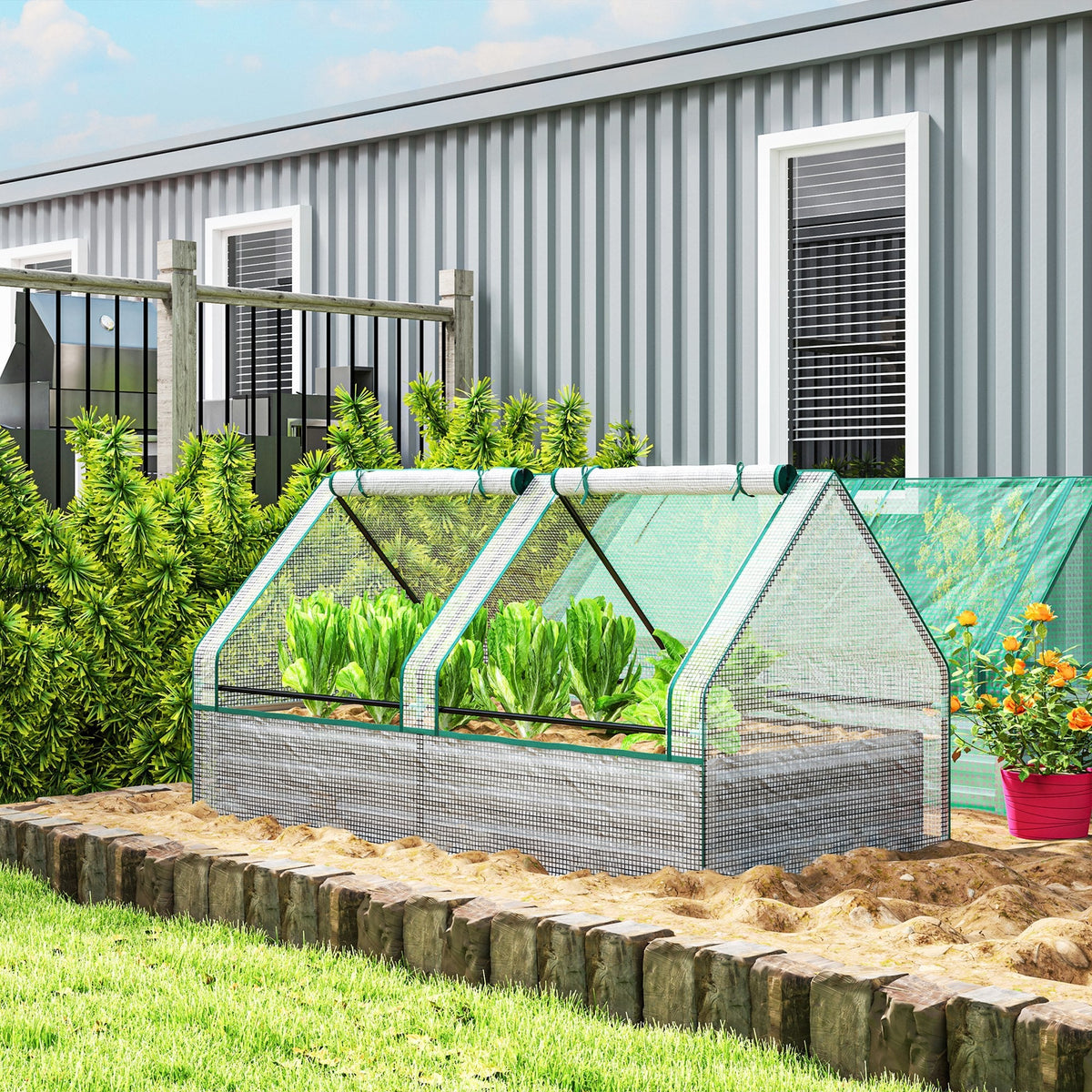 Outsunny Raised Garden Bed Planter Box with Greenhouse, White and Dark Grey - SGP Garden Ltd