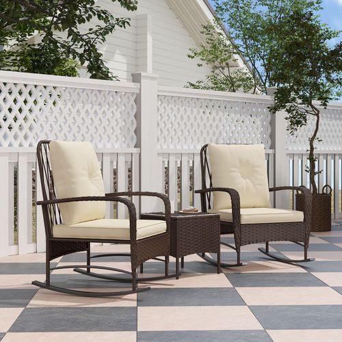 Outsunny Rattan Bistro Set Balcony Furniture with Rocking Chairs, Brown - SGP Garden Ltd