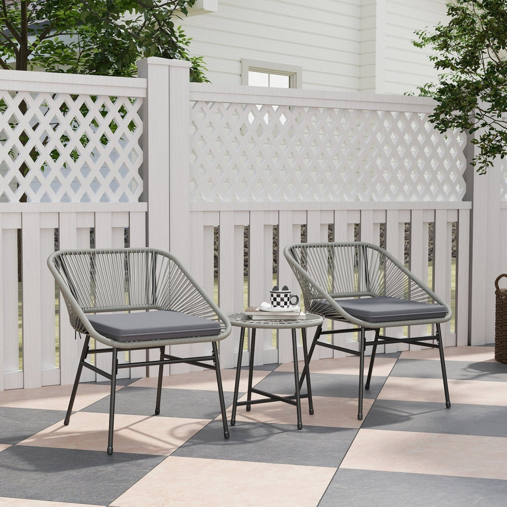 Outsunny Rattan Bistro Set, Small Balcony Furniture with Cushion, Light Grey - SGP Garden Ltd