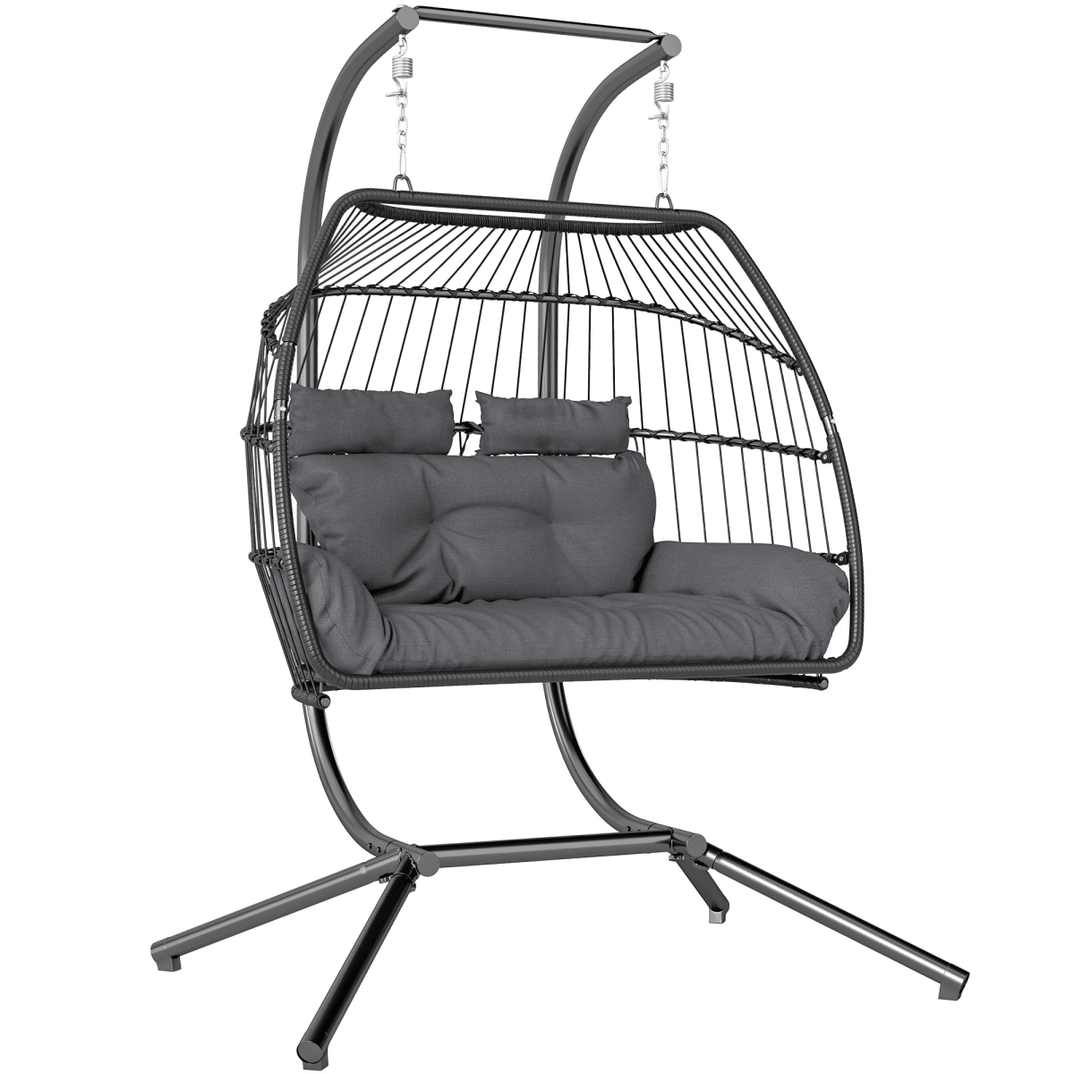 Outsunny Rattan Double Hanging Egg Chair with Stand, Cushion, Dark Grey - SGP Garden Ltd